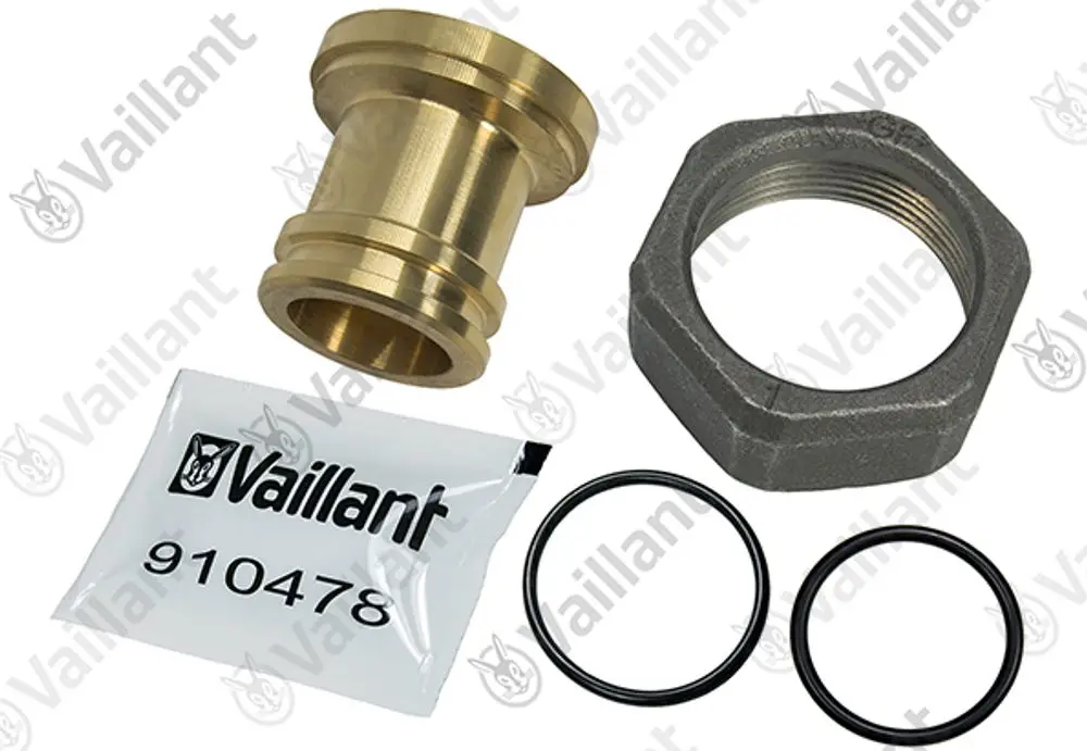 Vaillant-Komponenten bestehend aus einer Steckhülse, einer Mutter, zwei O-Ringen und einer Verpackung. Feine Details des Produkts sind sichtbar.